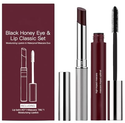 Honey Lip & Eye Bundle Set, Honey Lipstick Set With Waterproof Mascara, Natural Moisturizing Black Tinted Lip Balm for Women Lip Care, Non-Sticky & Hydrating for a Soft-Shine Finish (1set)