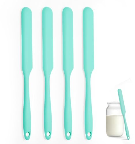 Silicone Jar Spatula Set of 4, Long Handle Skinny Spatula and Spurtle for Sourdough Starter, Flexible Jar Scraper for Peanut Butter, Jam, Icing, Cream with No Batter Left Behind (4, Green)