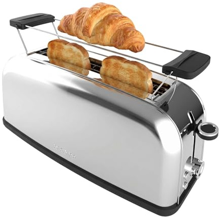Cecotec Tostadora Pan Ranura Ancha y Larga con Varillas Superiores Toastin' Time 1100 Inox Long Plus. 1100W, 2 Tostadas, Ranura 3,8cm, 7 Niveles de Tostado, Apagado y Pop-Up Automático, Acero