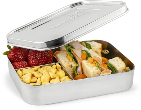 LunchBots Large Trio Stainless Steel Lunch Container -Three Section Design for Sandwich and Two Sides - Metal Bento Lunch Box - Eco-Friendly - Stainless Lid - Staineless Steel