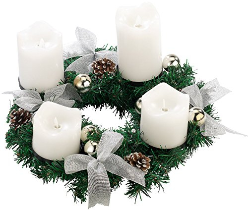 Britesta Fertiger Adventskranz: Adventskranz, silbern, 4 weiße LED-Kerzen mit bewegter Flamme (Adventsgesteck, Künstliche Kerzen, Weihnachten)