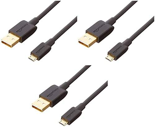 Amazon Basics 3-Pack USB-A to Micro USB Charging Cable, 480Mbps Transfer Speed with Gold-Plated Plugs, USB 2.0, 0.9 m, Black