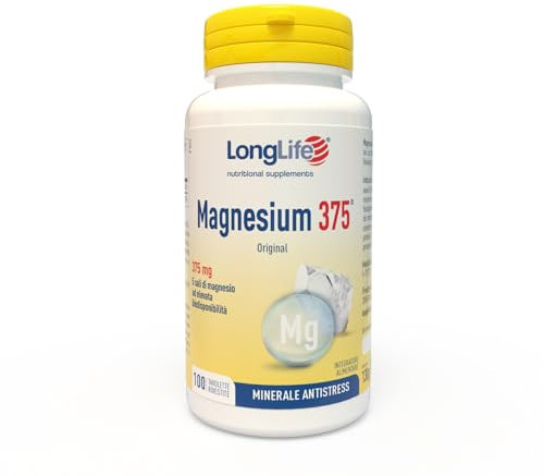 LongLife Magnesium 375® | 5 sali di magnesio | Alto dosaggio | Integratore magnesio antistress | 100 tavolette rivestite | Oltre 3 mesi di trattamento | Senza glutine