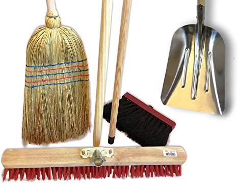 Ensemble extérieur de 3 balais de rue + Pelle à neige ou grain | Paille de riz 35 cm | Cantonnier brosse PVC 60 cm | Modèle Mickey 29 cm | Pelle aluminium | Manches bois | Kibros 3LOTB2PL