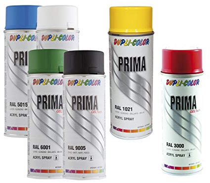 vasalat Dupli-Color Sprühlack Set Prima - 6 Farbspray blau/grün/weiß/schwarz/gelb/rot - Lackspray glänzend, 6 Spraydosen