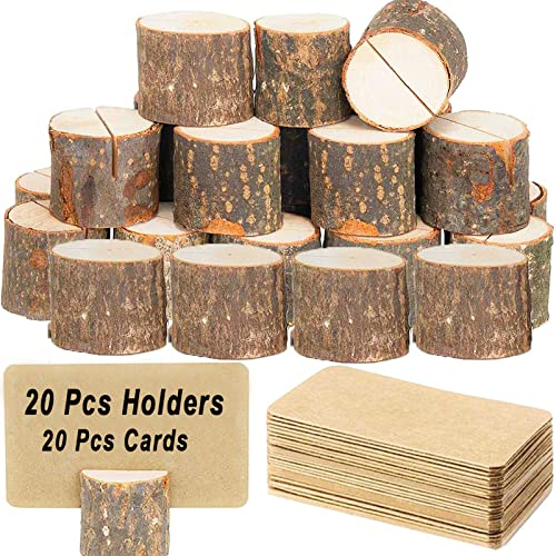 Bssowe 20 Pezzi Porta Memo Legno, Portacarte in Legno, Segnaposto Legno Supporto Numero, Tavolo in Legno Supporti Porta Biglietti da Visita, con 20 Carta Kraft, per Ristoranti, Matrimoni, Feste
