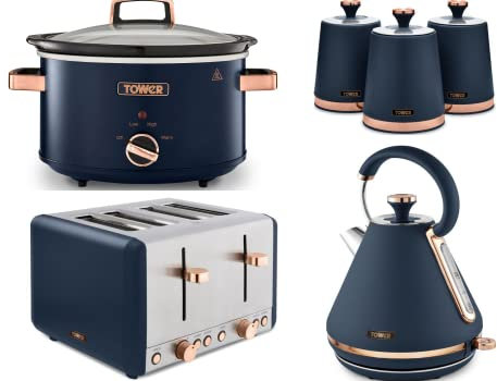 Tower Cavaletto Midnight Blue & Rose Gold 3KW 1.7L Pyramid Kettle, 4 Slice 1800W Toaster, 3.5L Slow Cooker & Set of 3 Canisters. Contemporary Kitchen Set of 6 Items
