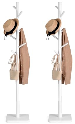 VASAGLE Garderobenständer 2er Set, Kleiderständer Massivholz, Jackenständer Baumform, je 8 Haken für Jacken, Hüte, für Flur, Haken und Haltestange aus Kautschukholz, wolkenweiß RCR210W02