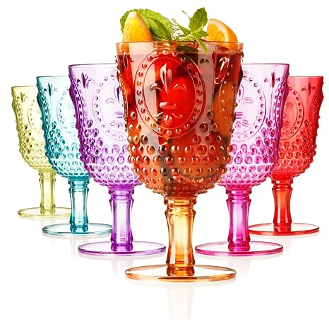 Muldale Wiederverwendbare Kunststoff-Weingläser – Set mit 6 großen bunten Acrylkelchen 450 ml – unzerbrechliches farbiges Outdoor-Picknick-Trinkgeschirr – BPA-frei