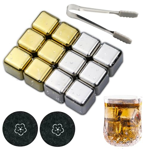 Eiswürfel wiederverwendbar - 12 Stück, Whisky-Steine, lebensmittelechte Edelstahl-Eiswürfel für Whisky, Wodka, Likör, Wein, Getränke, Säfte oder Zitronenwasser.