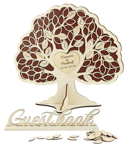 BOFUNX Libro degli Ospiti Matrimonio Libro degli Ospiti Legno Cornice per Libro degli Ospiti Guestbook Albero della Vita con 81 Foglie Legno per Bomboniere Nozze Battesimo Festa