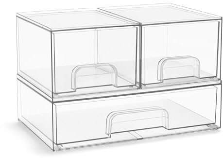 Sorbus Acrylic Storage Containers - 3 Pack, Stackable Storage Bins Set for Bathroom Organization - Clear Acrylic Drawer Organizers - Makeup Case Pull-Out Drawers (4.4’’ Tall and 12.1’’ Wide)