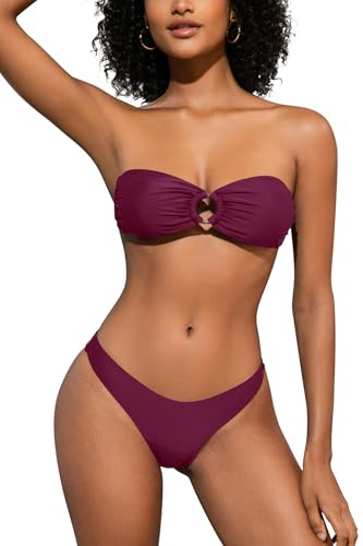 SHEKINI Women's Two Piece Swimsuit O Ring Strapless Bandeau Bikini Sets for Women with Sexy High Cut Cheeky Bottoms Beach Brazilian Swimwear, Purple, S