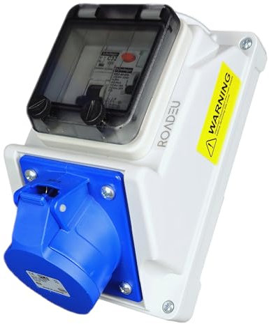 RoadEu - 32Amp Socket 3P 230V - Wall Outlet 230V with 32 amp Circuit Breaker and RCD, Monophase Power Distribution Box - Waterproof IP54
