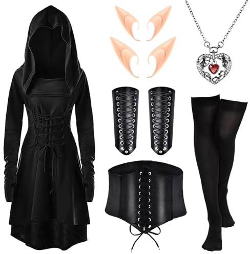 Herefun Vestido Medieval para Mujer con Capucha,Disfraces Renacimiento, Vestido Gótico Tradicional Irlandés para Mujer Carnaval Halloween Fiesta Cosplay Disfraz (black, M)