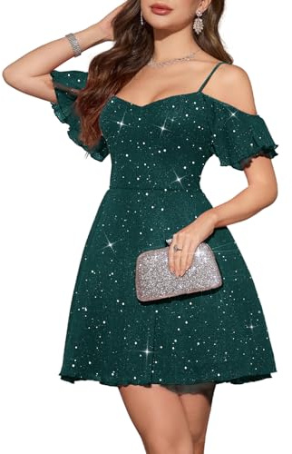 Meetjen Abito Corto da Donna per Adolescenti, Formale, Scintillante, con Spalla Scoperta, in Tulle con Paillettes, Abito da Cocktail o per Feste, da Sera, verde scuro, S