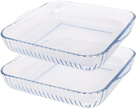 Argon Tableware Optical Square Glass Oven Dishes - 30cm x 27.5cm - 2x Large Deep Baking Casserole Lasagne Roasting Roaster Cooking Tray Bowl | Microwave Safe, Freezer Safe
