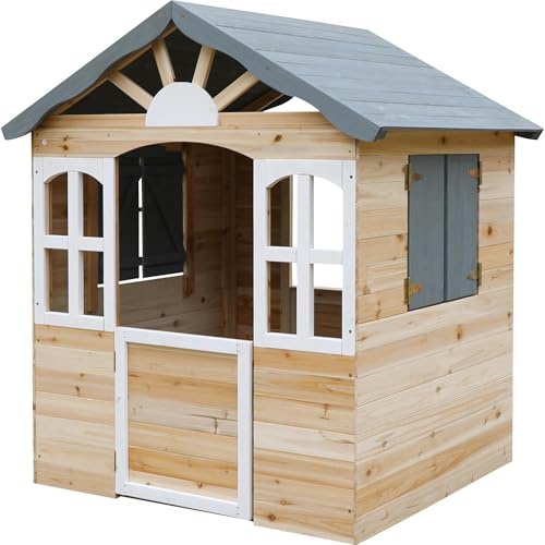 dobar® Barnlekhus av trä med fönster och dörrar – lekhus utomhus byggsats med enkel konstruktion – barnhus för trädgård – antracit – 115 x 102 x 125 cm