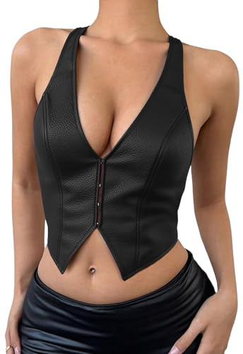 Ausing Ladies Backless Corset Vest Carnival Pu Leather Waistcoat for Women UK Festival Bustier Corsets Women's Goth Halter Neck Bustiers Gothic Crop Top with Straps Halterneck Cowboy Tops Black L