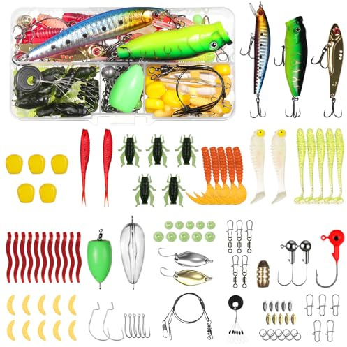 Vicloon Kits de Señuelos Pesca,116 Pcs Kits de Señuelos Artificiales,Kits de Señuelos Pesca Accesorios Incluye Cebos de Goma, Cebos Duros, Accesorios, Adecuado para la Pesca en Agua Dulce y Salada