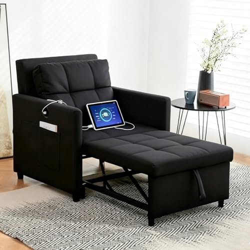 Komtopod Sofa Bed Chair, 3 in 1 Convertible Sofa Bed Pull Out Single Chair Bed with Adjustable Backrest, Side Pockets, USB and Type C Charging Station, for Bedroom Living Room Apartment, Black