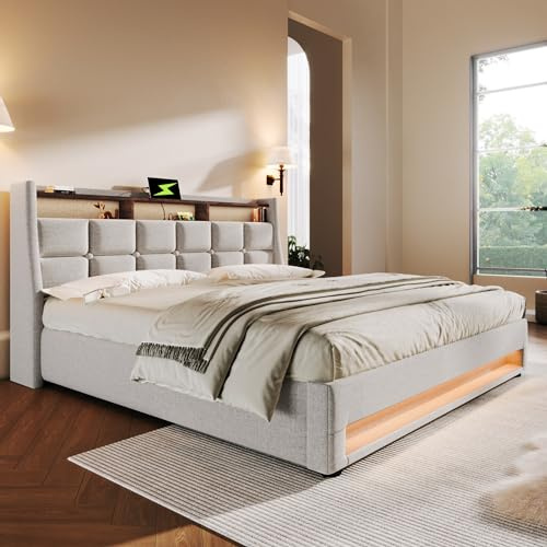 kozamas Cama tapizada de 180 x 200 cm para cama doble con iluminación LED y conexión USB, estructura de cama de diseño moderno, con somier ergonómico, cama de invitados XXL en lino beige para