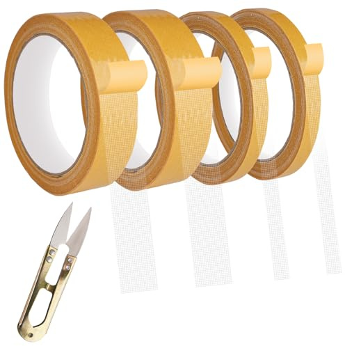4 stycken dubbelsidigt tygband, 1 cm/2,5 cm x 10 m stark självhäftande textiltejp dubbelsidig, fållband självhäftande med minisax, ingen sömnad eller strykning för byxor, kjolar, tyg, gardiner