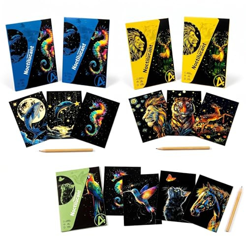 12 Sheets Scratch Art for Adults A5 Size Luminous Animal Scratch Paper with 3 Wooden Scratch Tools, 21x15cm Rainbow Scratchs Painting Scratchboard DIY Creative Scratch Art Book for Stress Relief