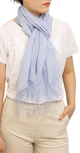 Prettystern Damen Herren Leinen-schal Frühling Sommer-Schal mit langer Fransen- T13 Hell-blau