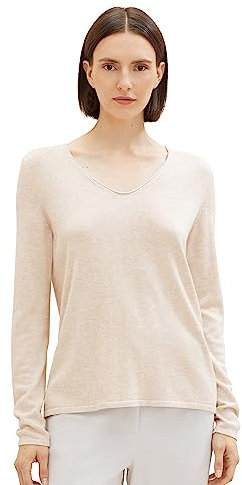 TOM TAILOR Damen Basic Strickpullover mit V-Ausschnitt, 20737 - Desert Sand Melange, XXXL