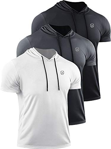 NELEUS Men's Running Shirt Mesh Workout Athletic Shirts with Hoods,5084,3 Pack,Black/Grey/White,US M,EU L