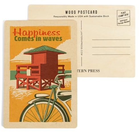 Happiness Comes In Waves, Lifeguard, Woodblock (4x6 Birch Wood Postcards, 2-Pack Stationary, Rustic Home Wall Decor)