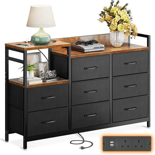 ODK Chest of Drawers Bedroom, Contains 2 USB & 2 AC Ports Sockets, Storage Dresser with 8 Fabric Drawers Suitable for Bedrooms, Living Rooms, Retro Color