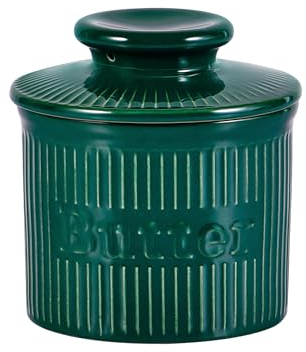 Grüner Butterglocke, Butterdose Keramik mit einem bellierten Deckel mit nicht abnehmbarem untertassenähnlichem Boden und geprägtem geschröpftem Boden, Porzellan Buttertopf, handgefertigtes
