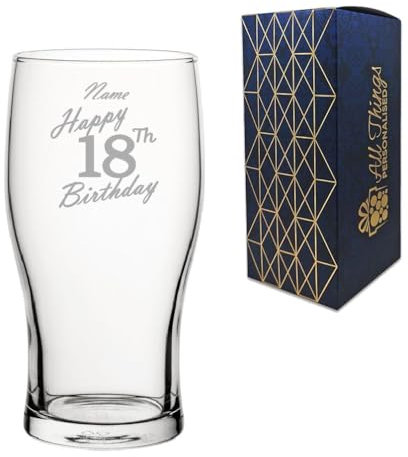 Personalised Engraved Pint Glass, Happy 18th BirthdayHandwritten Design, Classic Tulip Glass, 20oz or 570ml Capacity, Customise with Any Name, Gift Boxed
