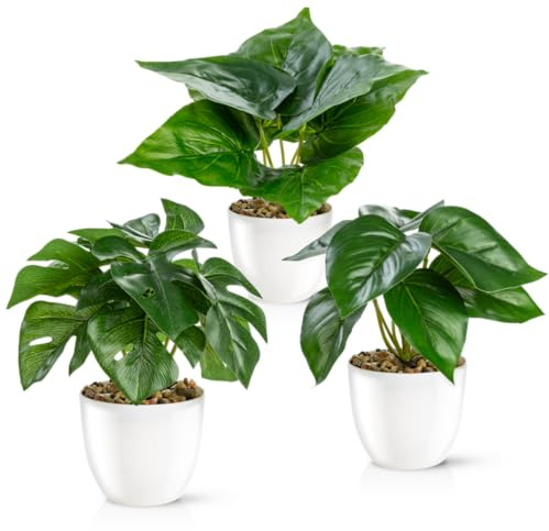 PASCH® Set de 3 plantas artificiales como reales (18 cm) en macetas de cerámica de alto brillo | Plantas artificiales en maceta | Plantas artificiales en maceta | Flor artificial Planta Falsa