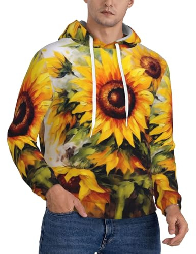 DFEPFKGOKL Peinture à l'huile de tournesol pour hommes, sweat à capuche avec grandes poches, manches longues graphique 3D décontracté, coupe ample, sweatshirts à capuche pour hommes, 3D, L