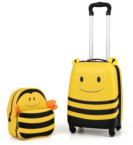 COSTWAY Kids Suitcase, 2Pcs Luggage Backpack Set with Wheels, Telescopic Handle, Name Card, Airline Approved Carry-on Children Travel Suitcase for Holidays, Sleepovers, School Trips