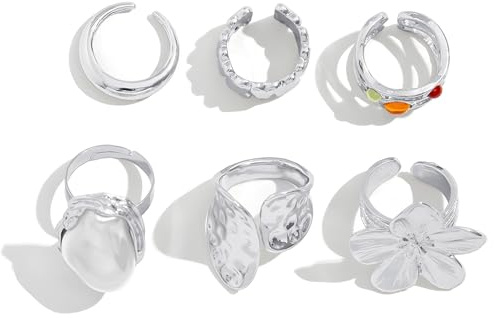 MOTIBACK 6PCS Chunky Knuckle Rings Set - Statement Stacking Rings with Crystals, Liquid Lava Flower Open Ring Non-Tarnish Adjustable Jewelry for Women