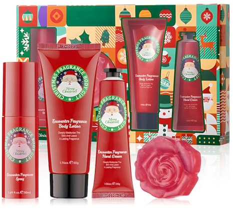 Set Regalo Natale Donna, 4 Pezzi Cura Corpo Donna Set Regalo, include Creme Corpo, Crema Mani Natalizie, Body Mist, Saponette, Nutriente in Profondità, può Essere Usato Come Regalo