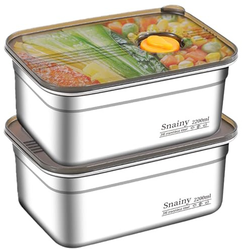 Leikurvo 2 recipientes herméticos de acero inoxidable con tapa, 2200 ml, reutilizables, para cocina, congeladores, herméticos, de acero inoxidable, fiambrera