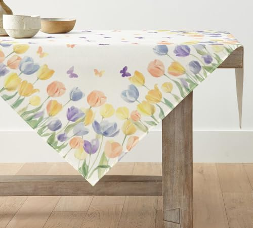 Artoid Mode Schmetterlinge Tulpen Frühling Tischdecke, Saisonnal Tischwäsche Küche Tisch Dekoration Drinnen Urlaub Party Dekor 85x85 cm