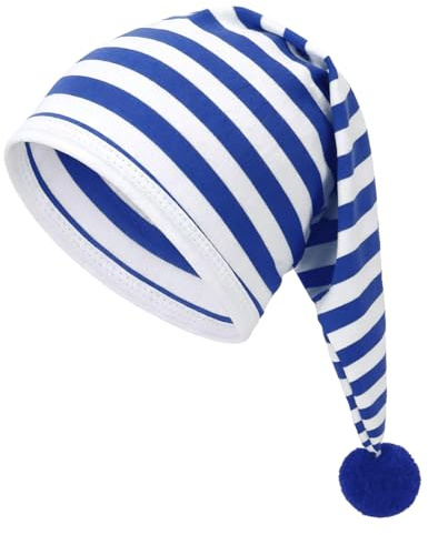 Meleager Gorro para Dormir Adulto, Sombrero Puntiagudo con Pompón para Carnaval, Navidad (Rayas Azules y Blancas)