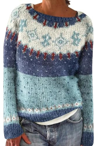 Maglione norvegese da donna originale a maglia grossa, maglione islandese, maglione tradizionale a maglia, maglione invernale caldo a maniche lunghe, Azzurro, XL