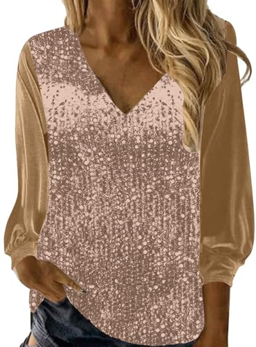 Chemise élégante à manches longues pour femme avec col en V et paillettes brillantes, version ample de 2026, rose gold, L