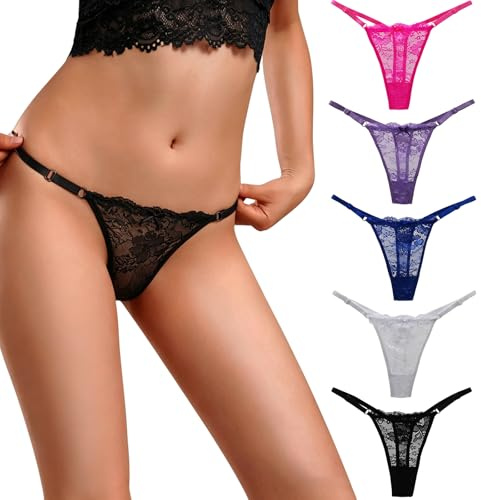 NWDEY 5-Pack Sexy Lace Seamless G-String Thongs for Women, Low Rise with Adjustable Thin Straps, Cotton Crotch, Comfortable & Breathable