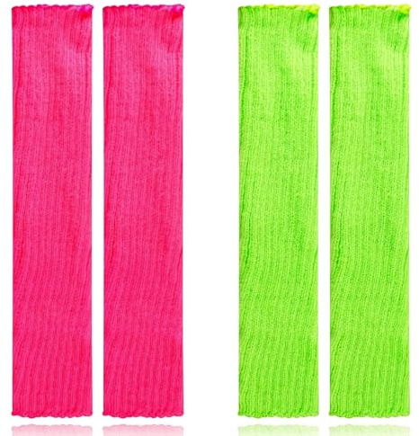 wellrun 2 Pairs 80s 90s Knitted Leg Warmers,40cm Long Neon Pink & Fluorescent Green JK Style Socks,Ribbed Stretchy Warm Boot Cuffs for Women,Sports Yoga Dance Winter Accessories