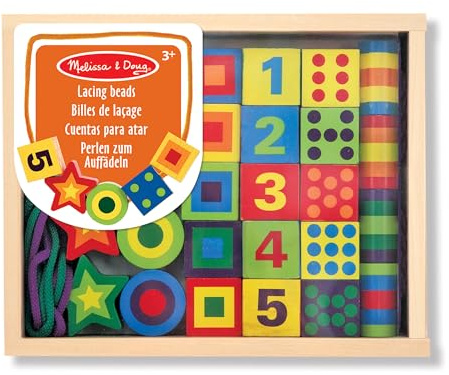 Melissa & Doug Deluxe Wooden Lacing Beads - Educational Activity With 27 Beads and 2 Laces For Toddlers, Fine Motor Skills Lacing Toys For Toddlers And Kids Ages 3+