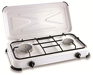 Réchaud gaz portable 2 feux 2600W Blanc laqué Couvercle Plaque de cuisson KEMPER