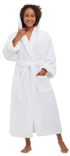 MONARCH Hooded Terry Shawl Collar Bathrobe for Men and Women – Thick Fabric Terrycloth Robe with Classic Design, Generously Sized Hotel & Spa Robe with Pockets – Machine Washable (White, Large)
